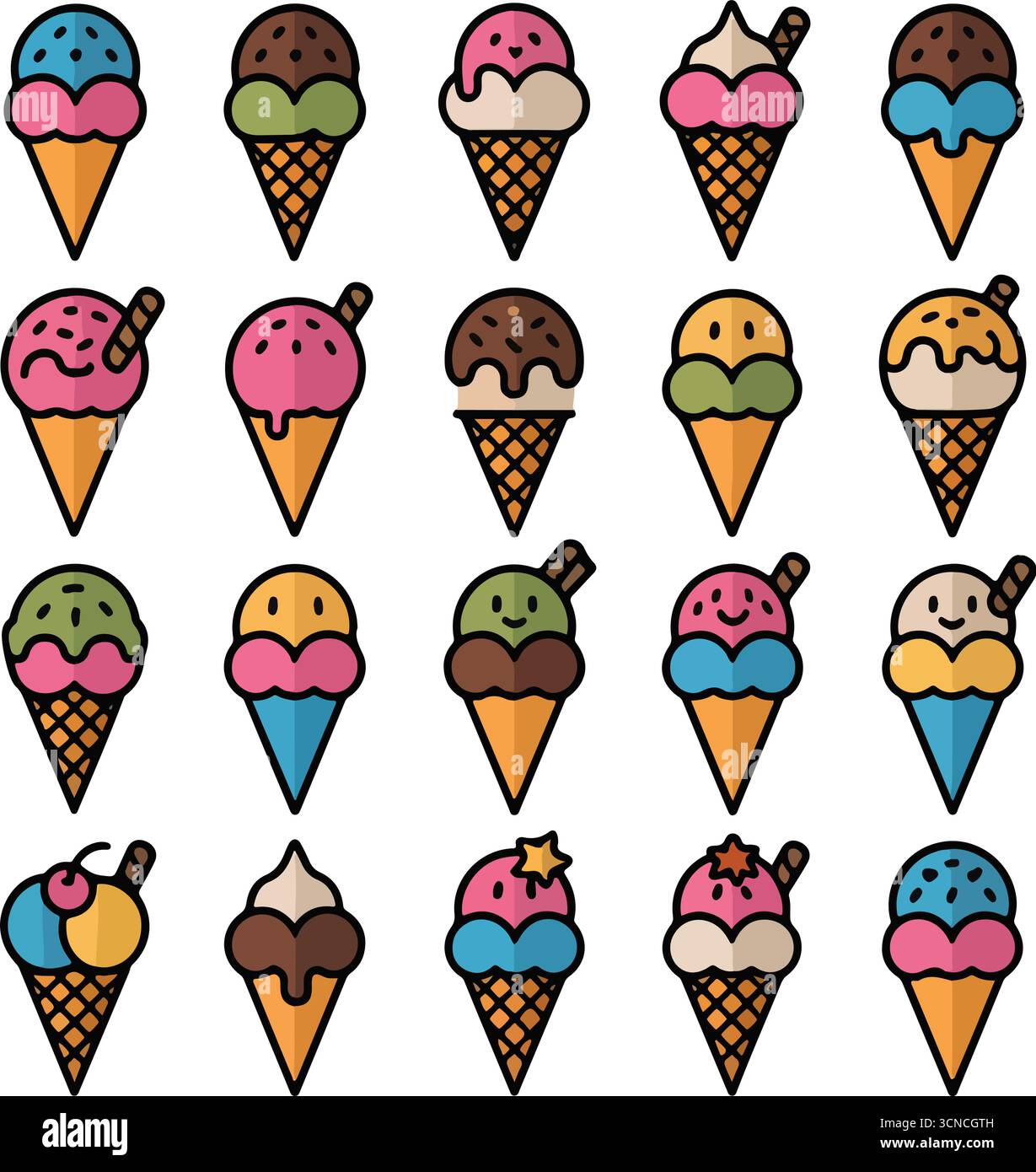 Illustrations colorées de l'ensemble d'icônes de cône de crème glacée Illustration de Vecteur
