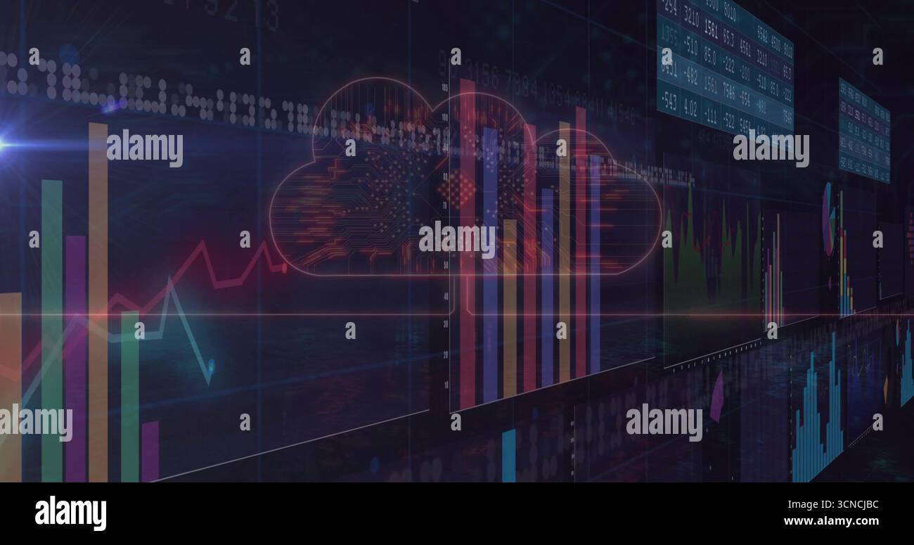 Affichage stylisé de l'icône de nuage superposant des barres colorées et des graphiques linéaires dans les analyses de tableau de bord Banque D'Images