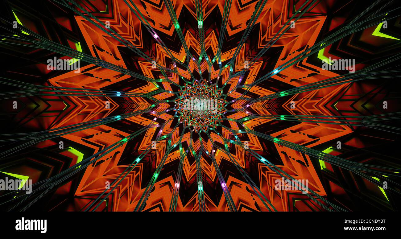 Cette pièce présente un design en spirale dynamique rempli de couleurs vibrantes et de formes géométriques. Les motifs créent une sensation de mouvement et de profondeur, capti Banque D'Images