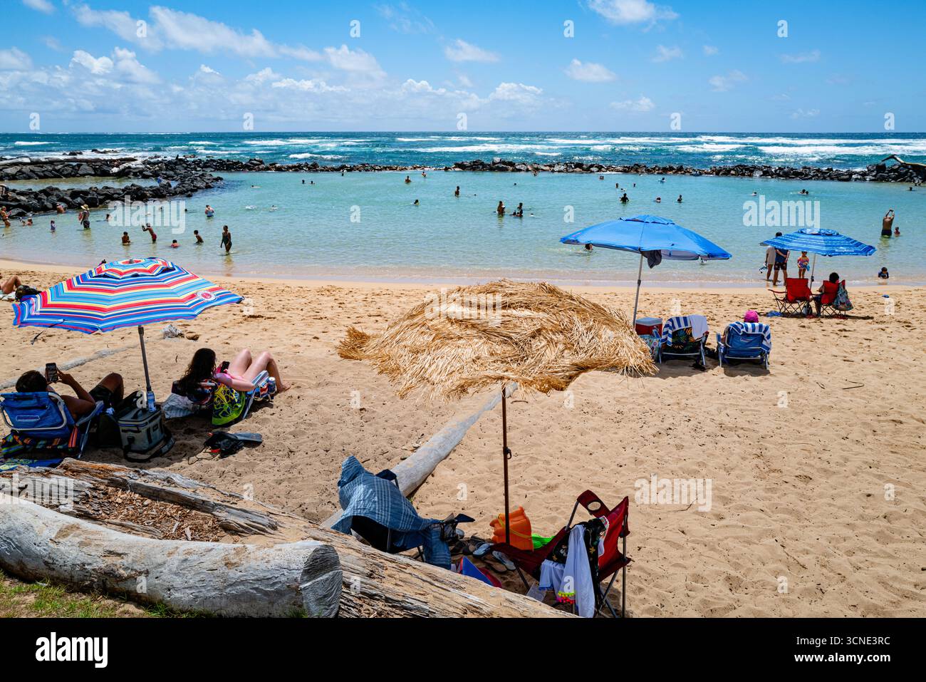 Les amateurs de plage se détendent sous des parasols colorés au Lydgate Beach Park à Kauai, un endroit familial populaire connu pour ses zones de baignade protégées. Banque D'Images