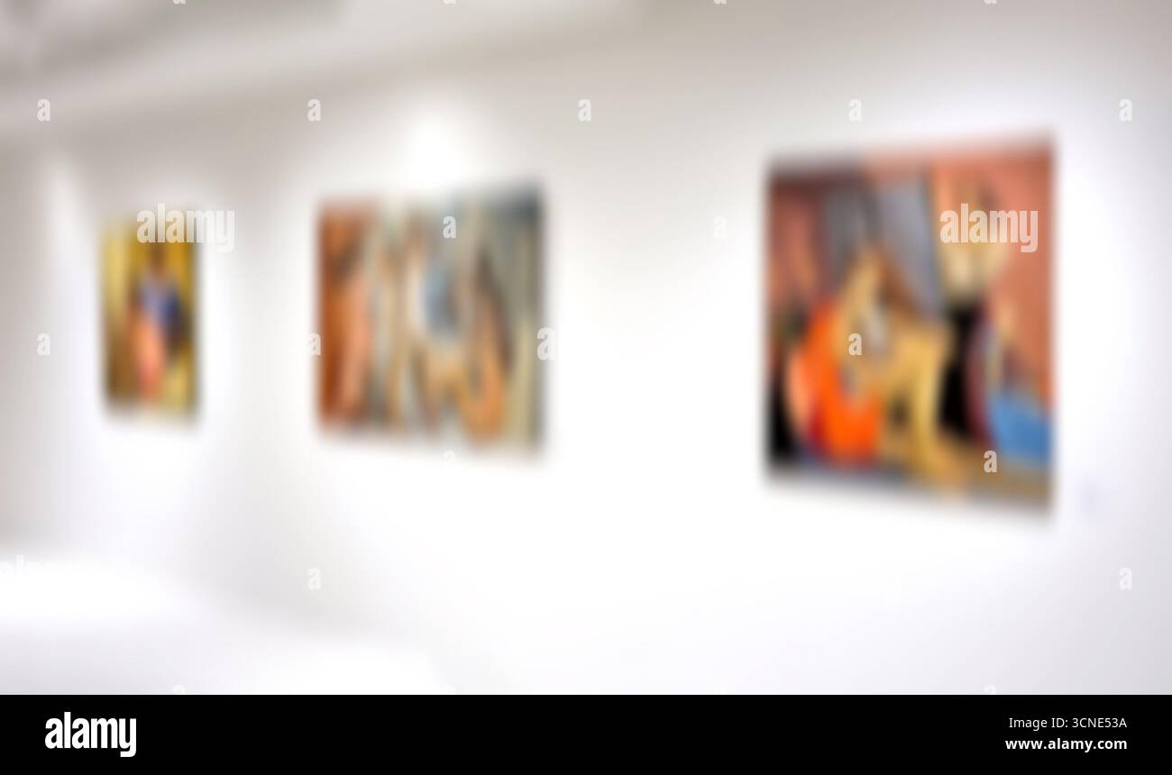 Flou de mouvement, fond de galerie d'exposition d'art, peinture abstraite colorée sur fond blanc Banque D'Images
