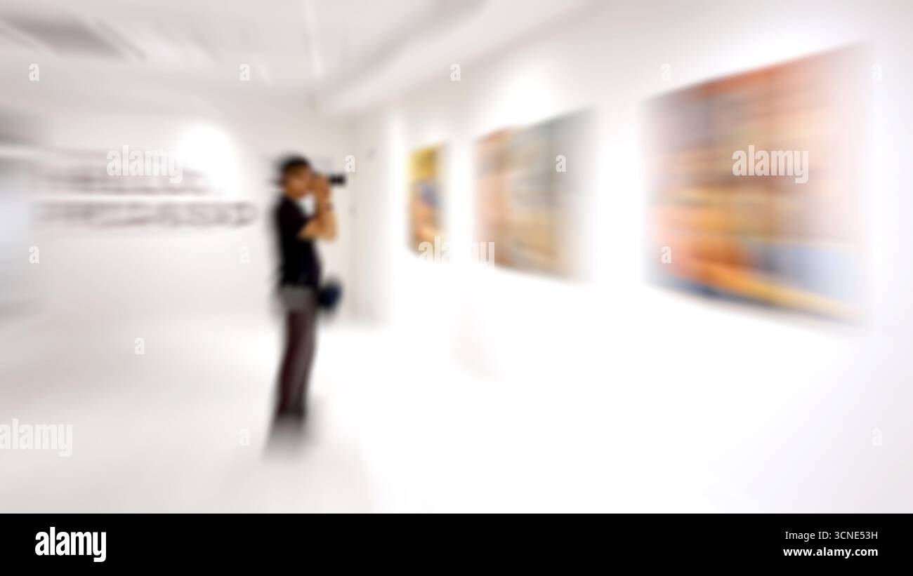 Motion blur, Un photographe photographie travaille dans une exposition dans une galerie, peinture abstraite colorée sur fond blanc Banque D'Images