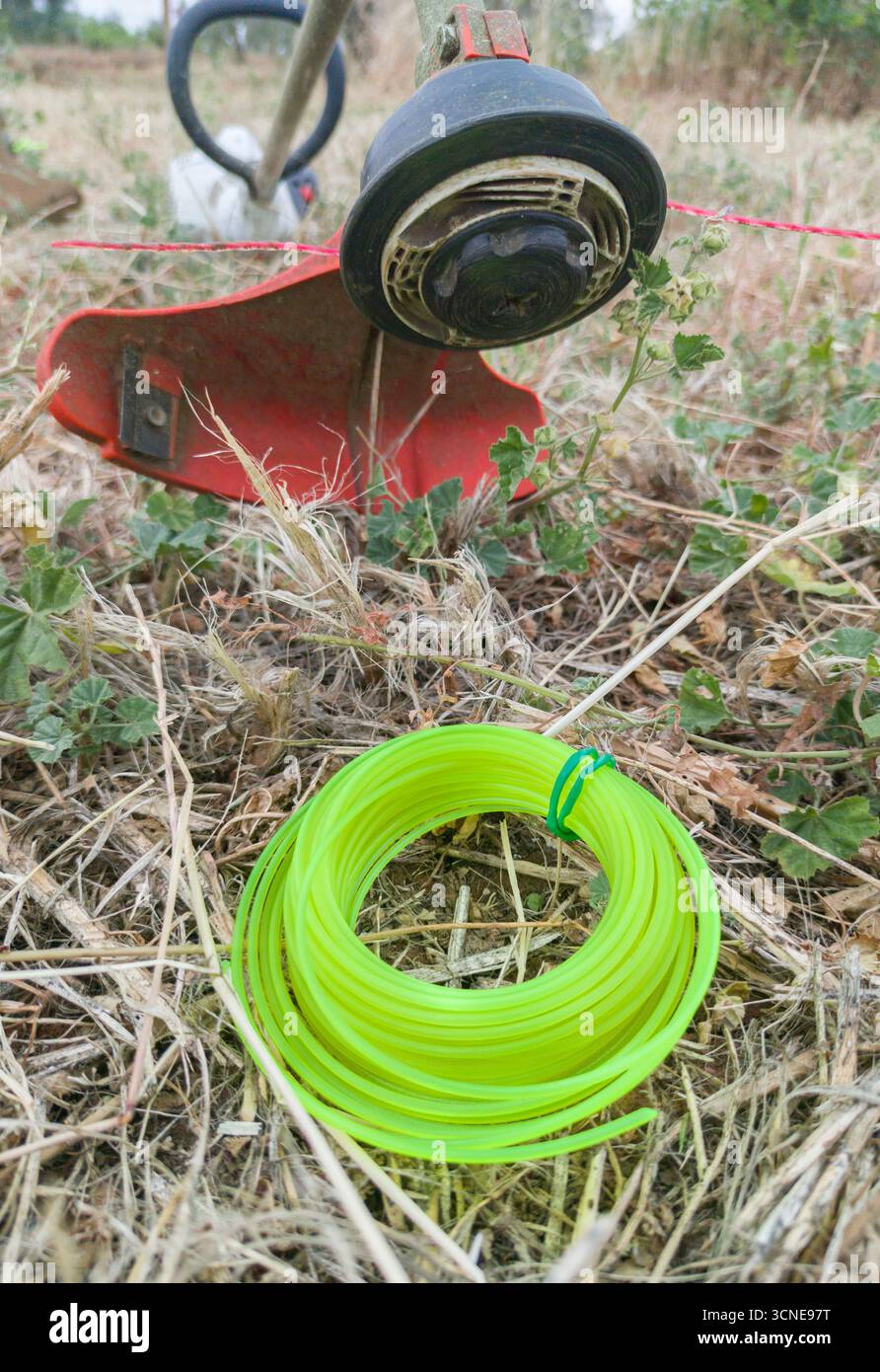 Torsadeur à fil à essence avec rouleau de fil à l'avant-plan. Mise au point sélective Banque D'Images