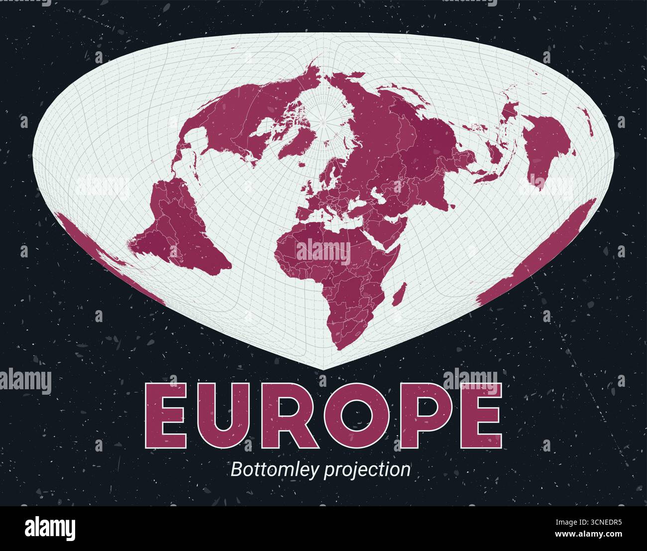 Europe. Carte du monde. Projection Bottomley centrée sur l'Europe. Palette Pink foncé menthe pâle. Texture vintage. Illustration vectorielle soignée. Illustration de Vecteur