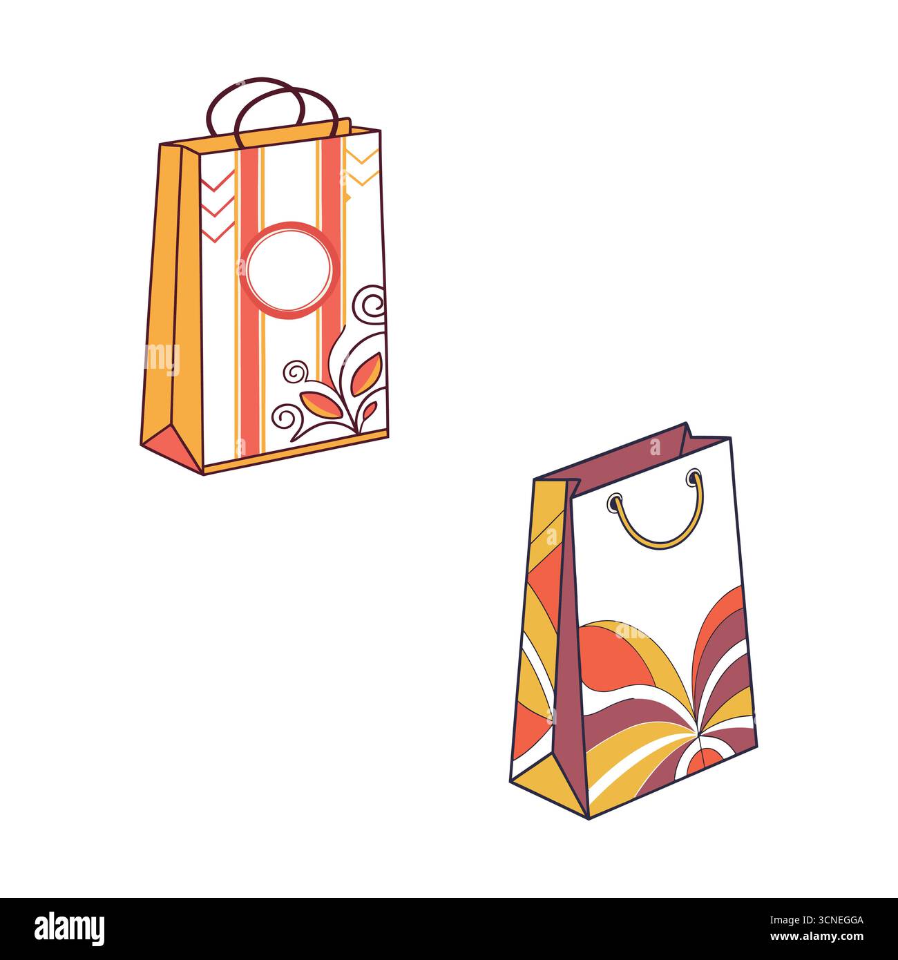 Une illustration vectorielle de deux sacs à provisions rétro. Sacs cadeaux colorés avec des motifs floraux et rayés, isolés sur un fond blanc Illustration de Vecteur