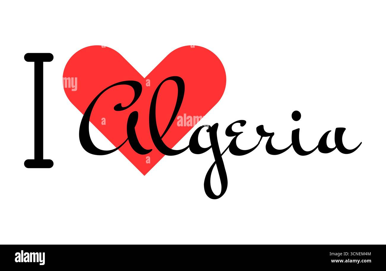 J'aime l'Algérie. Lettres dessinées à la main avec cœur rouge. Illustration vectorielle, lettrage dans la conception moderne pour imprimer t-shirt, bannière, affiche, autocollant ou étiquette Illustration de Vecteur