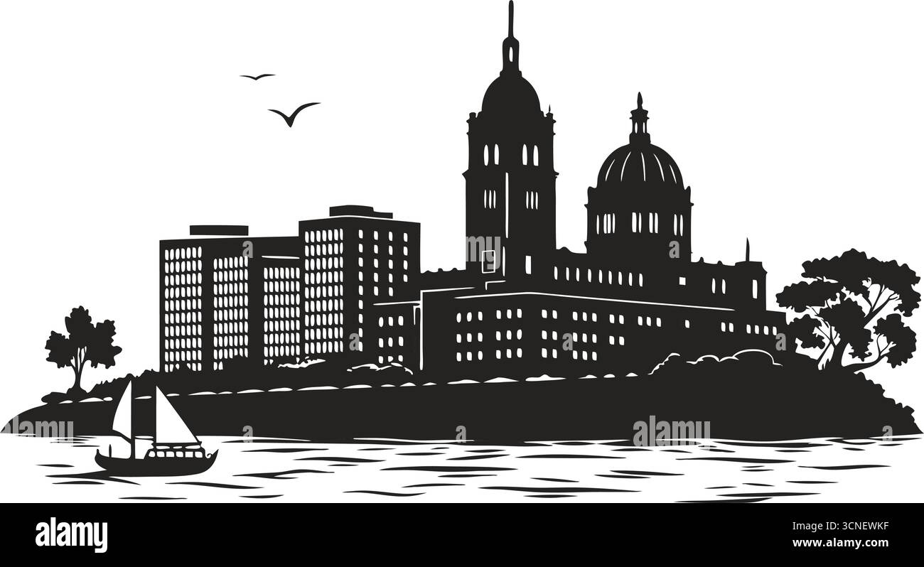 Silhouette d'horizon de la ville en noir et blanc frappante avec détails architecturaux et ambiance urbaine Illustration de Vecteur