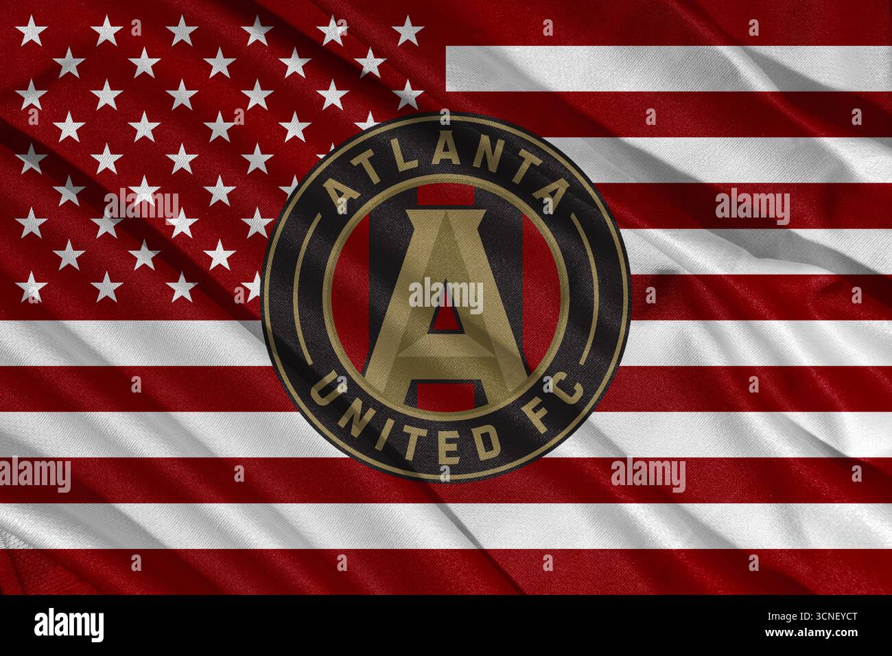 Pringsewu, Lampung ; 21 septembre 2025 ; la texture ondulée du tissu sur le logo du club de football Atlanta United dans la Major League Soccer (MLS) Banque D'Images