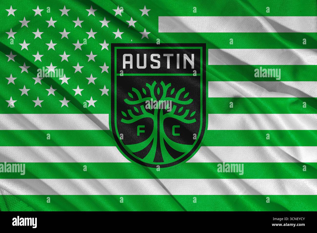 Pringsewu, Lampung ; 21 septembre 2025 ; la texture ondulée du tissu sur le logo du club de football Austin dans la Major League Soccer (MLS) Banque D'Images
