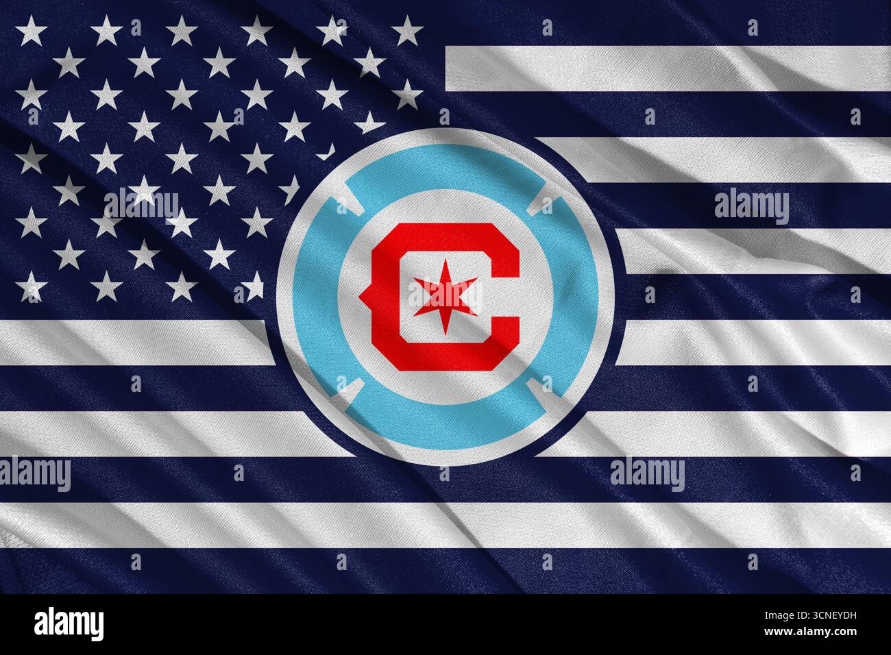 Pringsewu, Lampung ; 21 septembre 2025 ; la texture ondulée du tissu sur le logo du club de football Chicago Fire dans la Major League Soccer (MLS) Banque D'Images
