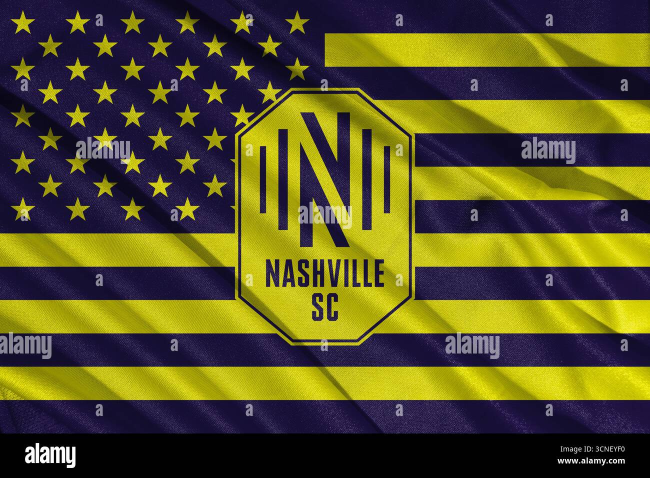 Pringsewu, Lampung ; 21 septembre 2025 ; la texture ondulée du tissu sur le logo du club de football de Nashville dans la Major League Soccer (MLS) Banque D'Images