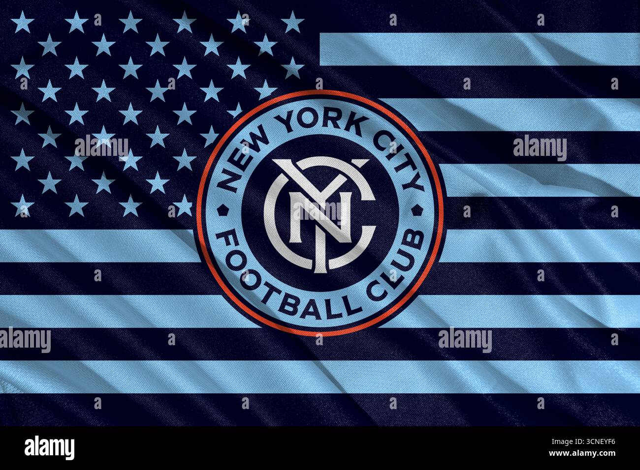 Pringsewu, Lampung ; 21 septembre 2025 ; la texture ondulée du tissu sur le logo du club de football de New York City dans la Major League Soccer (MLS) Banque D'Images