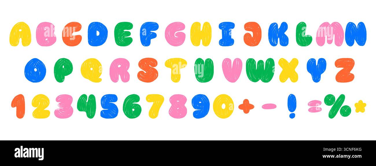 Alphabet de crayon coloré et chiffres. Police enfants ludique dessinée à la main avec texture craie et crayon Illustration de Vecteur