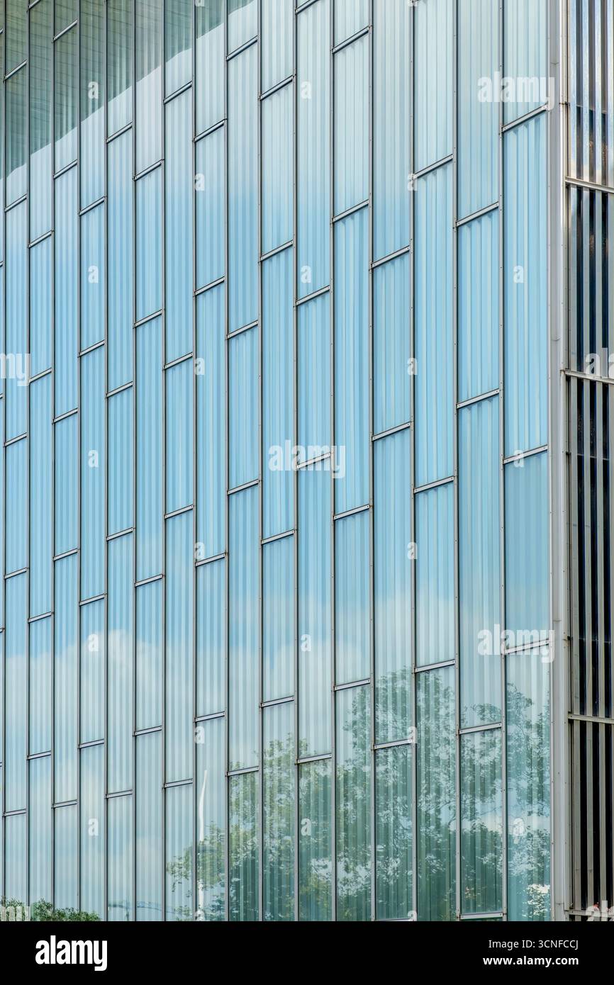 Façade de mur rideau en verre moderne avec lignes verticales et reflets d'arbre. Détail d'architecture contemporaine, motif géométrique, Design de bâtiment urbain Banque D'Images