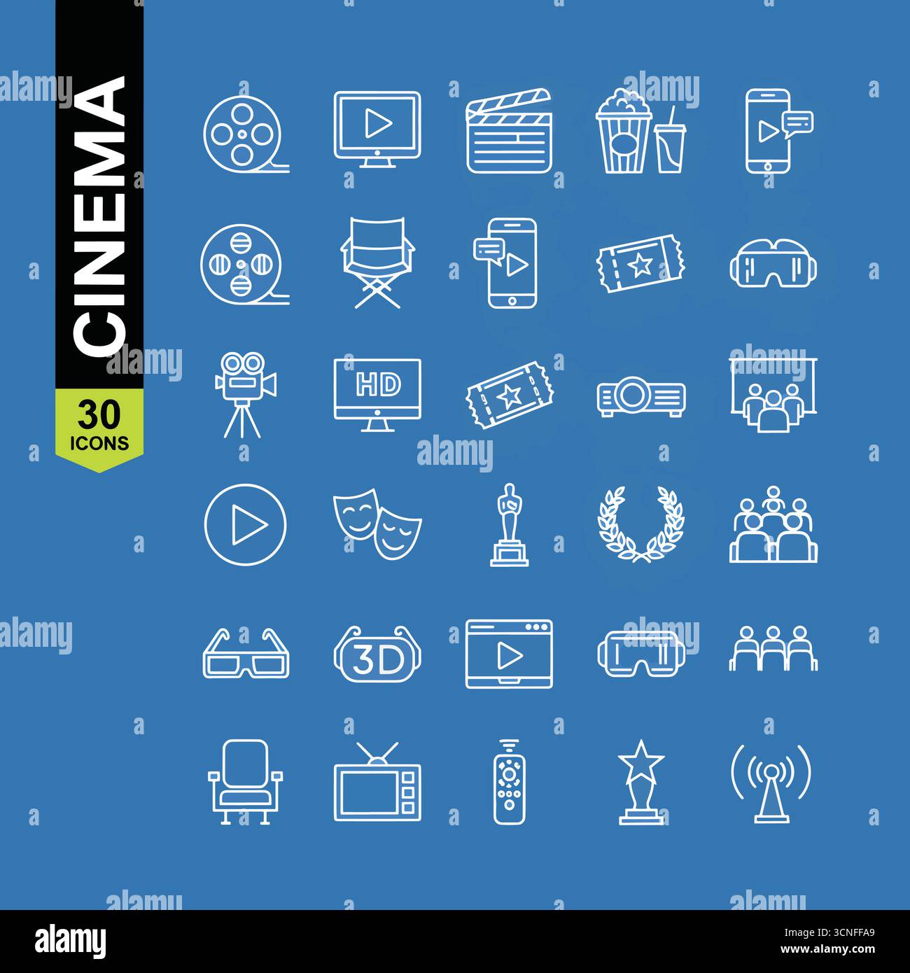 Cinéma ensemble d'icônes Web dans le style de ligne. Collection d'icônes linéaires film et film. Contenant vidéo, cinéma, 3d, vr, pop-corn, ticket, directeur, soun Illustration de Vecteur