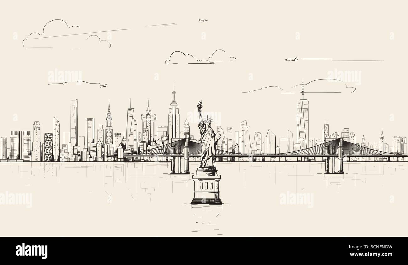 Horizon de New York dans le style de dessin d'esquisse sur un fond marron doux. Illustration vectorielle Illustration de Vecteur