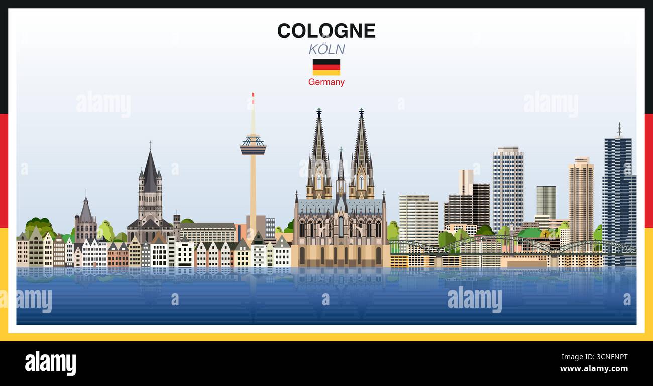 Horizon de la ville de Cologne avec bordure de cadre aux couleurs du drapeau allemand. Illustration vectorielle Illustration de Vecteur