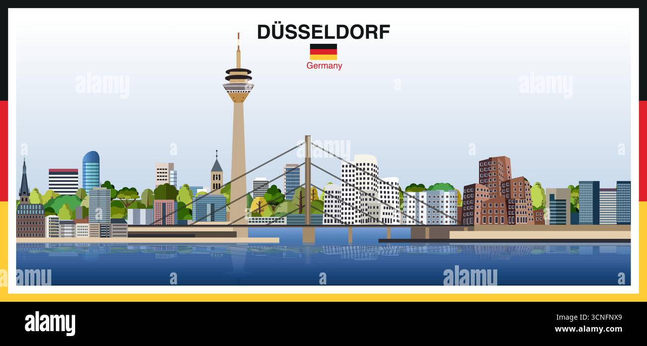 Horizon de la ville de Dusseldorf avec bordure de cadre aux couleurs du drapeau allemand. Illustration vectorielle Illustration de Vecteur