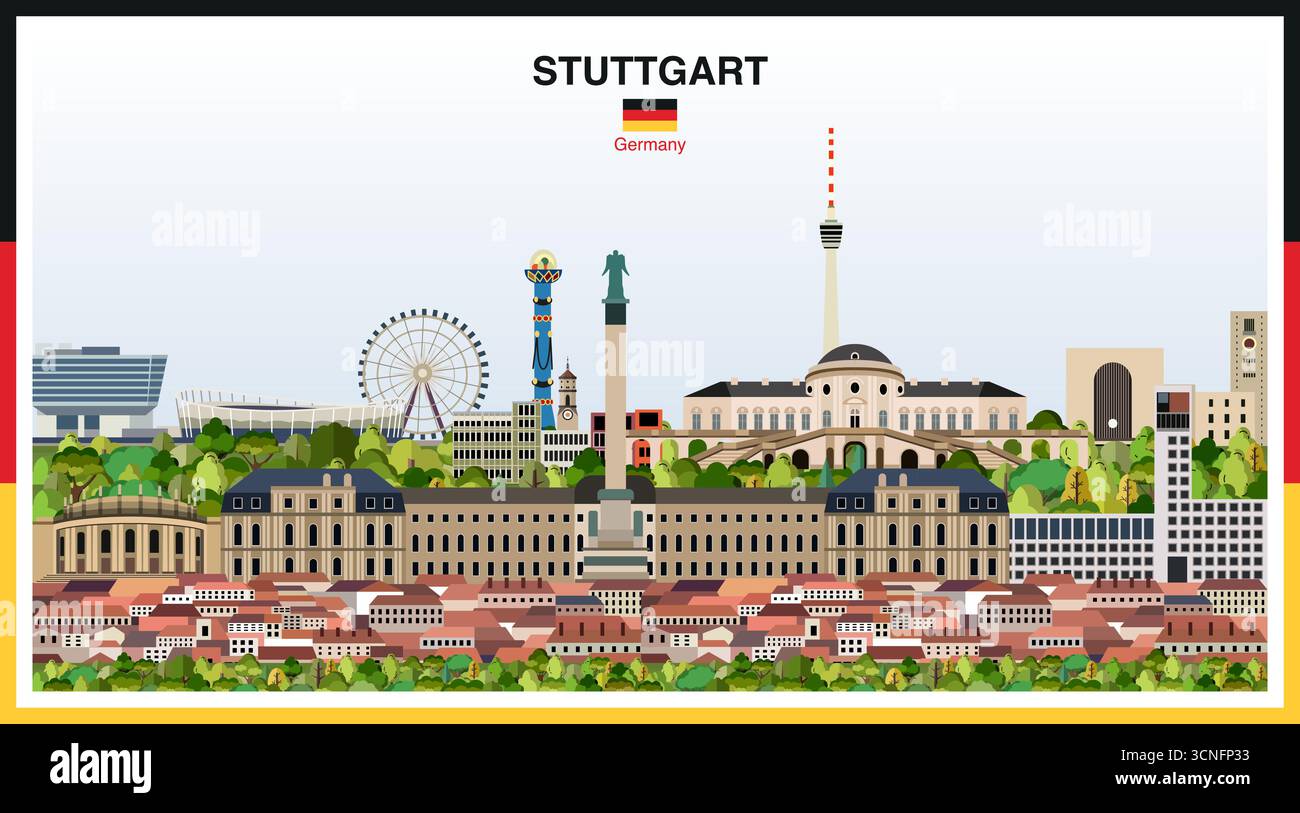 Horizon de la ville de Stuttgart avec bordure de cadre aux couleurs du drapeau allemand. Illustration vectorielle Illustration de Vecteur