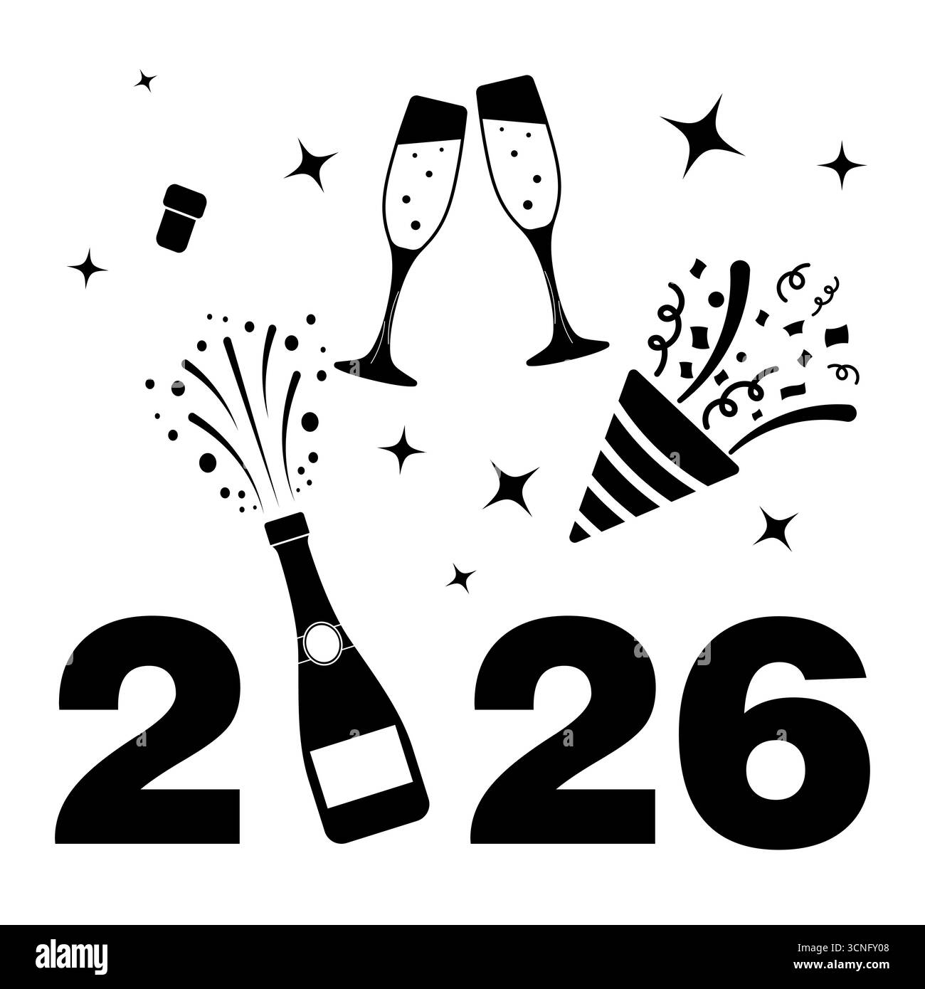 Célébration du nouvel an 2026 avec champagne, verres et confettis. Parfait pour les cartes de vœux, les invitations et les designs de vacances liés à la Saint-Sylvestre. Illustration de Vecteur