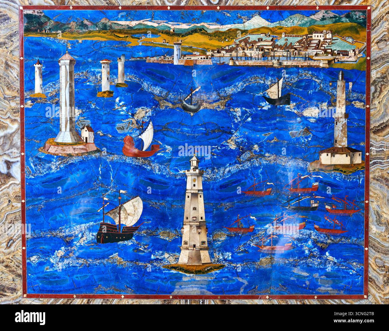 Vue du port de Livourne, 1601-1604, incrustation en pierre semi-précieuse, CRISTOFANO GAFFURRI, sur un dessin de JACOPO LIGOZZI, Galerie des Offices, Galeria degli U Banque D'Images