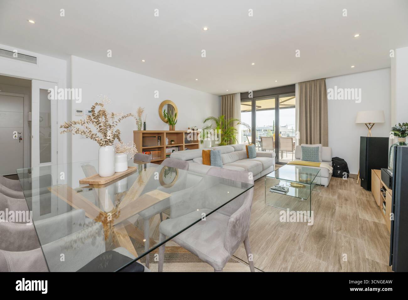 Séjour et salle à manger avec canapé trois places, table basse avec rangement et salle à manger ronde pour six personnes Banque D'Images