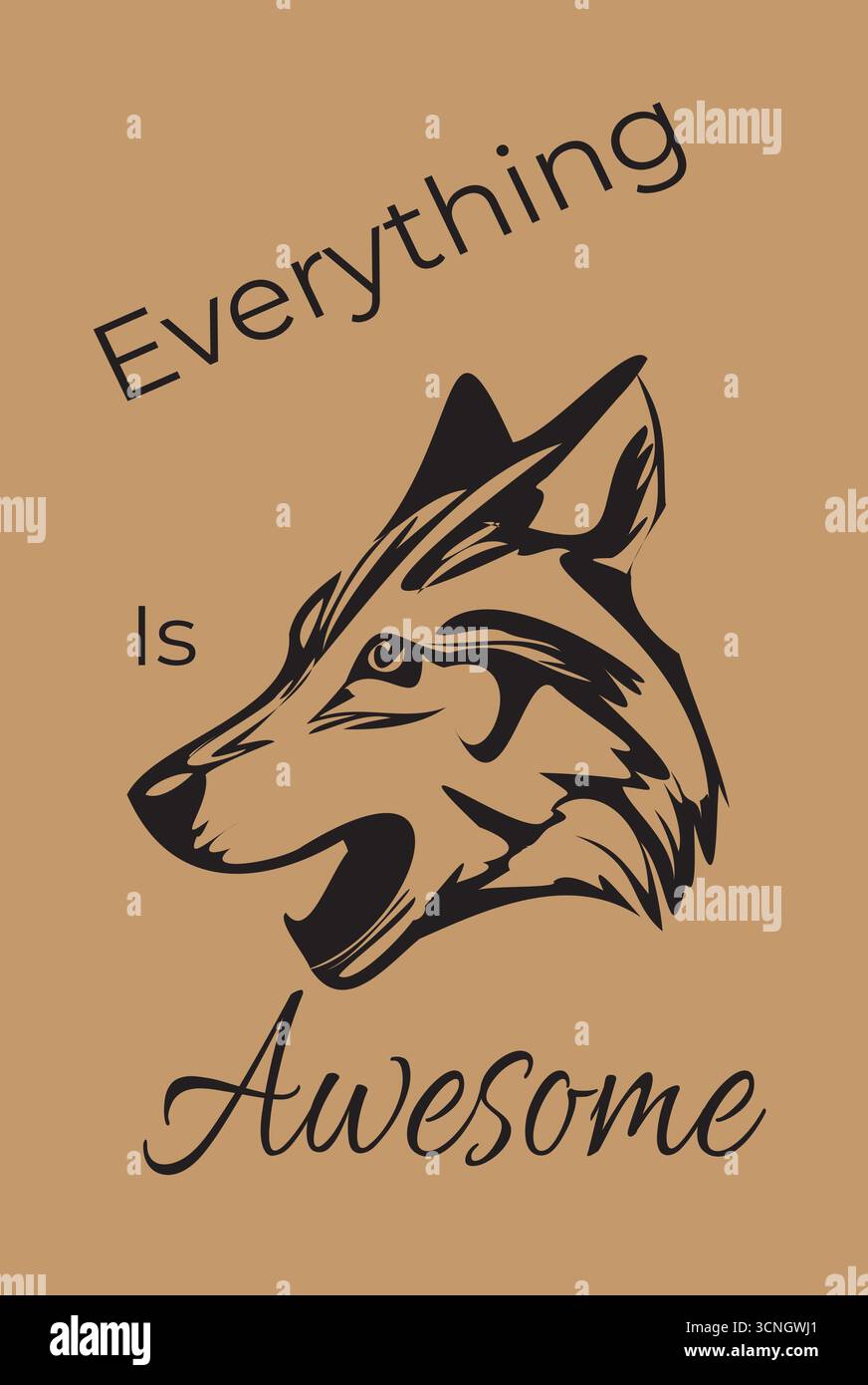 Illustration vectorielle à fort contraste d'une tête de loup stylisée dans des tons sombres, accompagnée d'une citation manuscrite motivante. La composition minimaliste Illustration de Vecteur