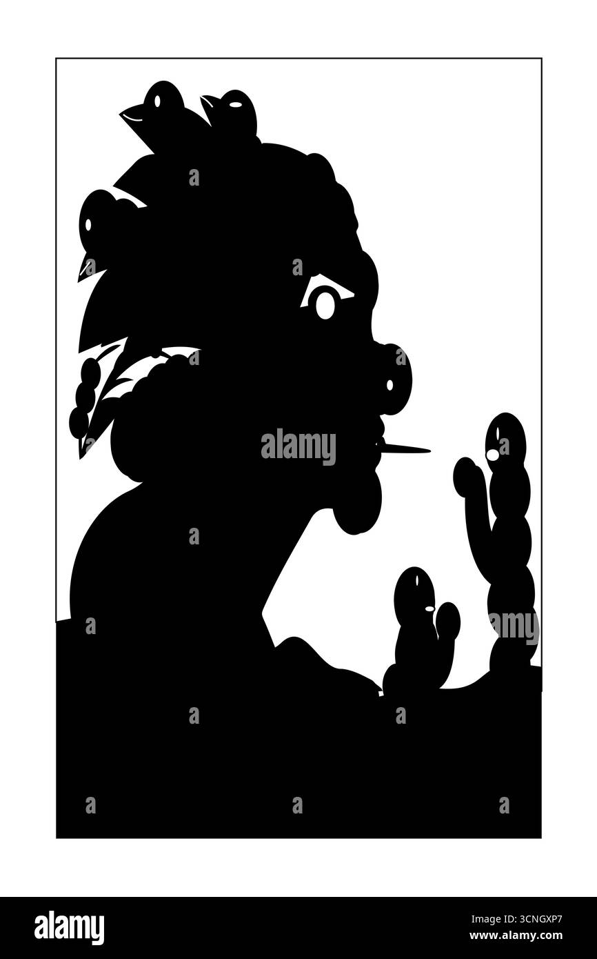 Cette illustration vectorielle en noir et blanc présente une tête humaine de profil, entourée d'éléments abstraits ressemblant à des plumes au-dessus et de formes ressemblant à des cactus b Illustration de Vecteur