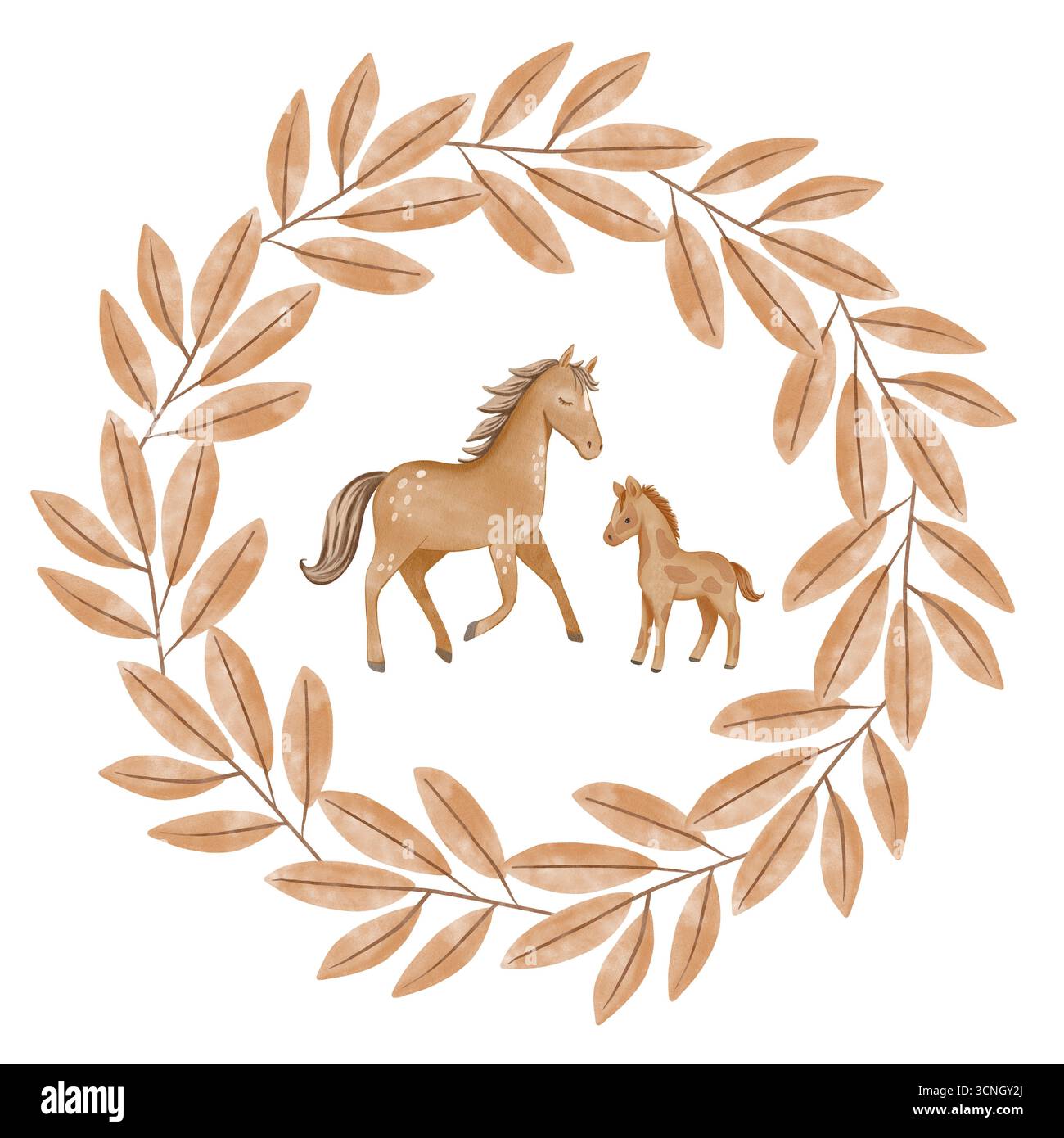 Cadre aquarelle rond décoré de feuilles et d'un cheval mignon dans un style peint à la main. Idéal pour les cartes de vœux, invitations, dessins pour enfants Banque D'Images