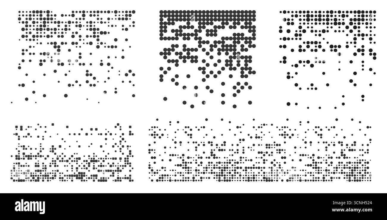 Désintégration jeu de bruit de grain de cercle de point, effet demi-ton fondu, travail de point dispersé, grille de pixels de mosaïque d'arrière-plan dispersé. . Illustration vectorielle Illustration de Vecteur