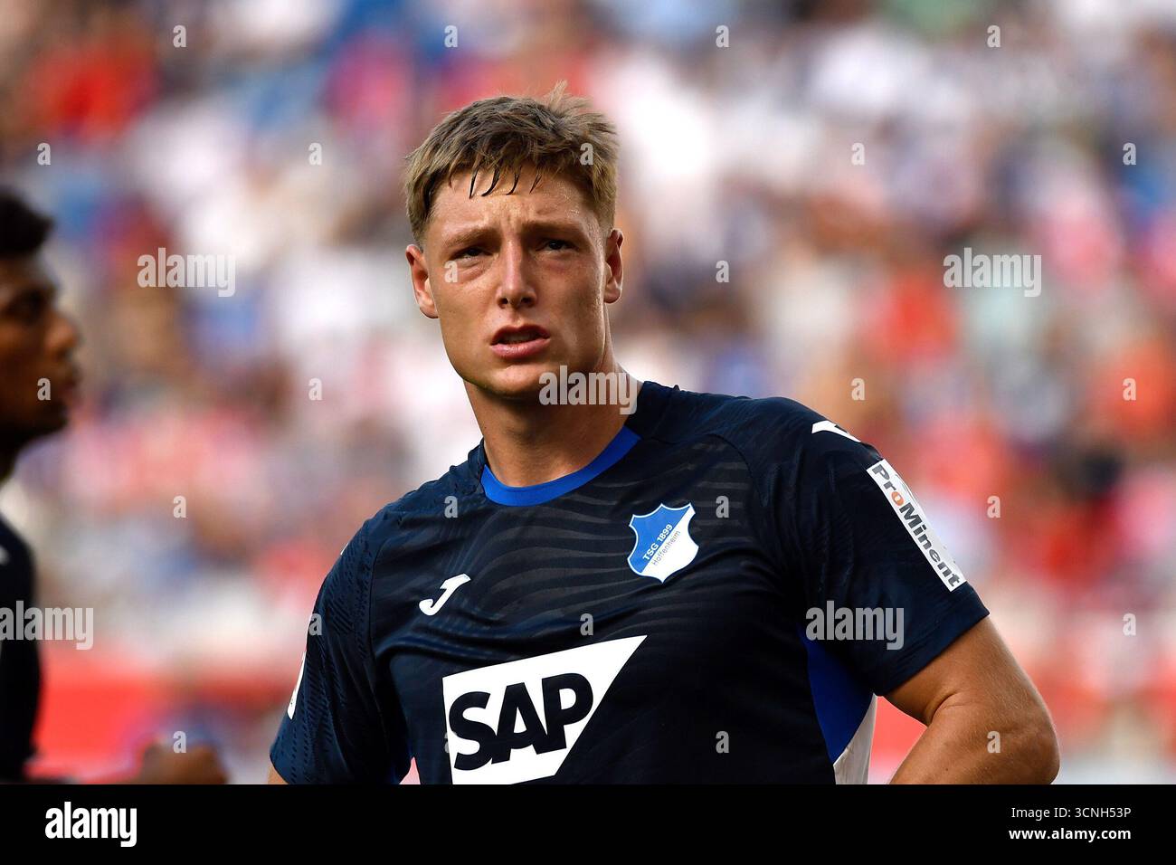 Sinsheim, Deutschland. 20 septembre 2025. 20/09/2025, PreZero Arena, Sinsheim, GER, 1.FBL, TSG Hoffenheim vs FC Bayern Munich, dans la photo Alexander Prass (Hoffenheim) la réglementation DFL interdit toute utilisation de photographies comme séquences d'images et/ou quasi-vidéo. Crédit : dpa/Alamy Live News Banque D'Images