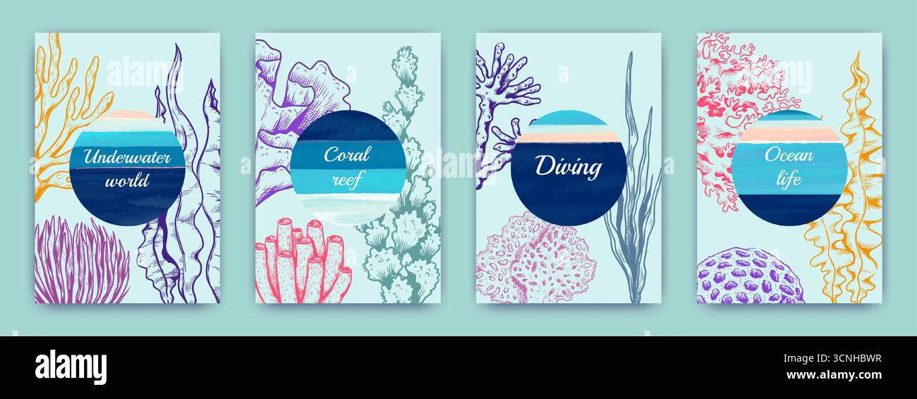 Fond corail. Affiches de plantes marines. Monde sous-marin, empreintes de vie océanique. Eléments marins dessinés à la main. Cartes d'invitation, collection de bannières verticales. Dessin d'esquisse. Modèle d'algues de conception vectorielle Illustration de Vecteur