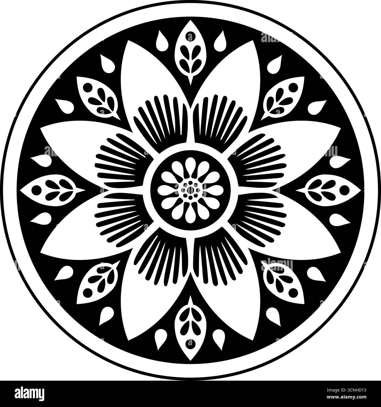Fleur folklorique stylisée en noir et blanc, élément de conception florale décorative, illustration vectorielle, style mandala, disposition symétrique et contraste audacieux, déco Illustration de Vecteur