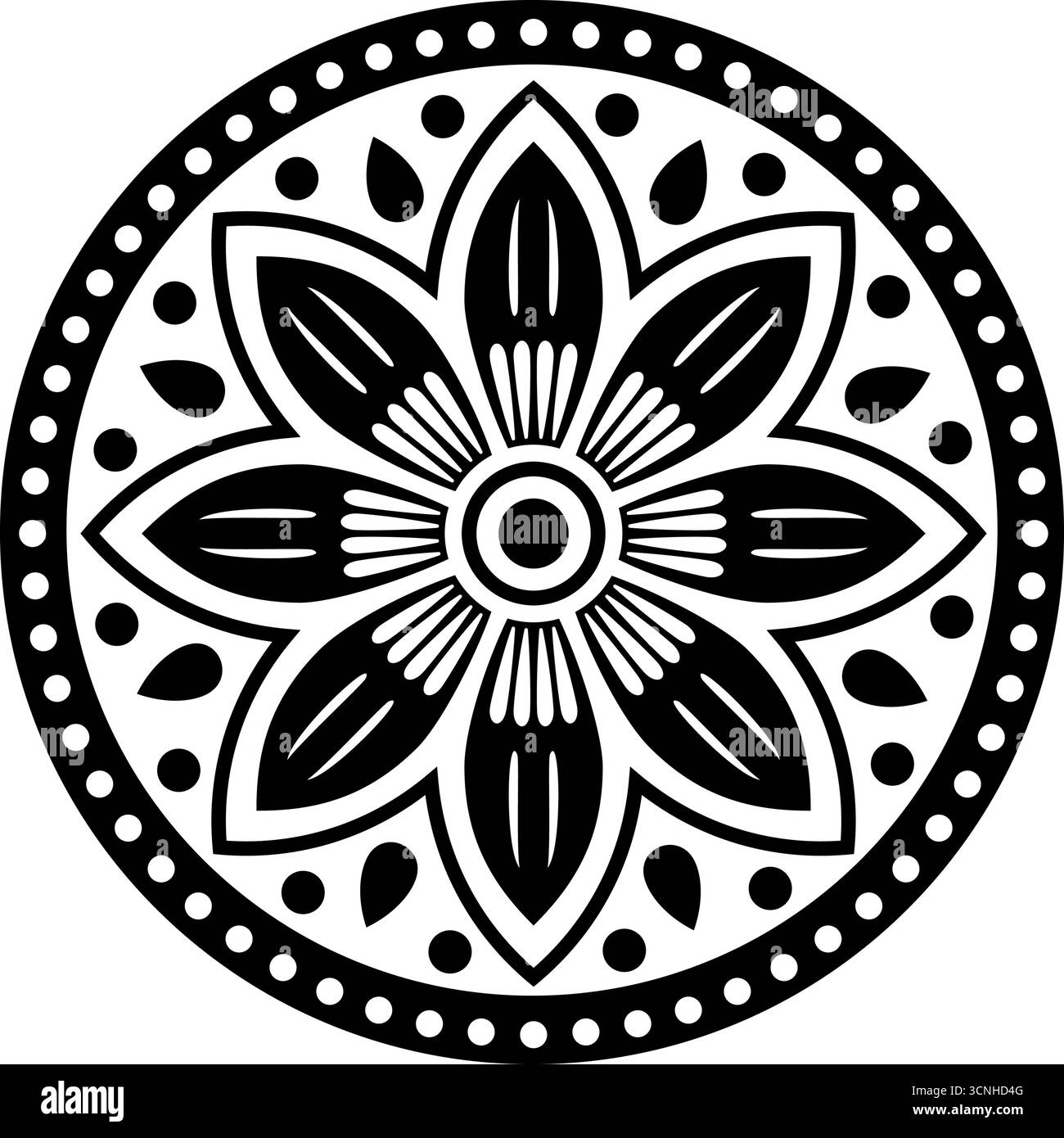 Fleur folklorique stylisée en noir et blanc, élément de conception florale décorative, illustration vectorielle, style mandala, disposition symétrique et contraste audacieux, déco Illustration de Vecteur