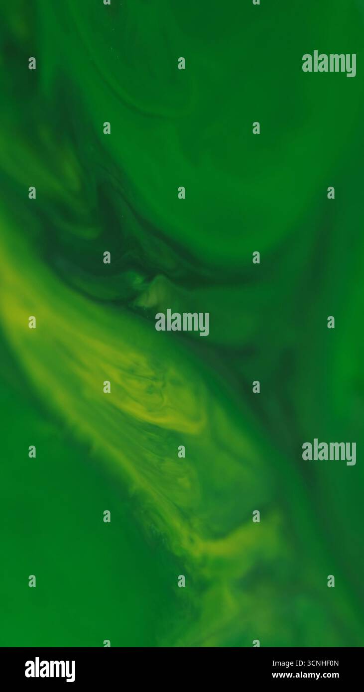 Gouttelette d'huile. Arrière-plan ondulé. Flou vert coloré flou texture brillante éclaboussure de peinture dans l'eau liquide flottant sur art abstraction humide. Banque D'Images