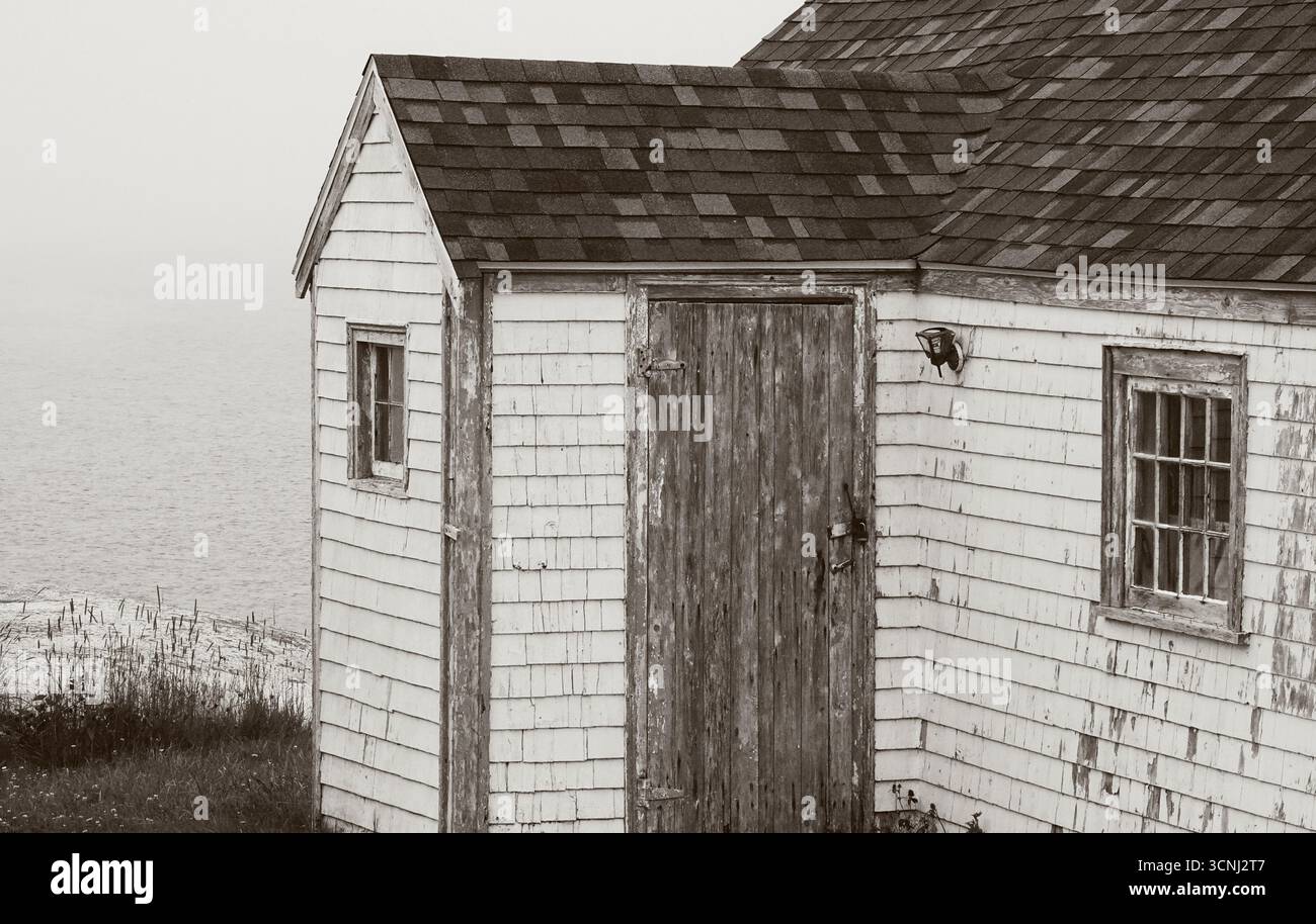 Un bâtiment rustique se dresse au bord de l'eau, entouré de hautes herbes. La structure dispose d'un extérieur blanc délavé et une porte en bois usée, enveloppée dans un s. Banque D'Images