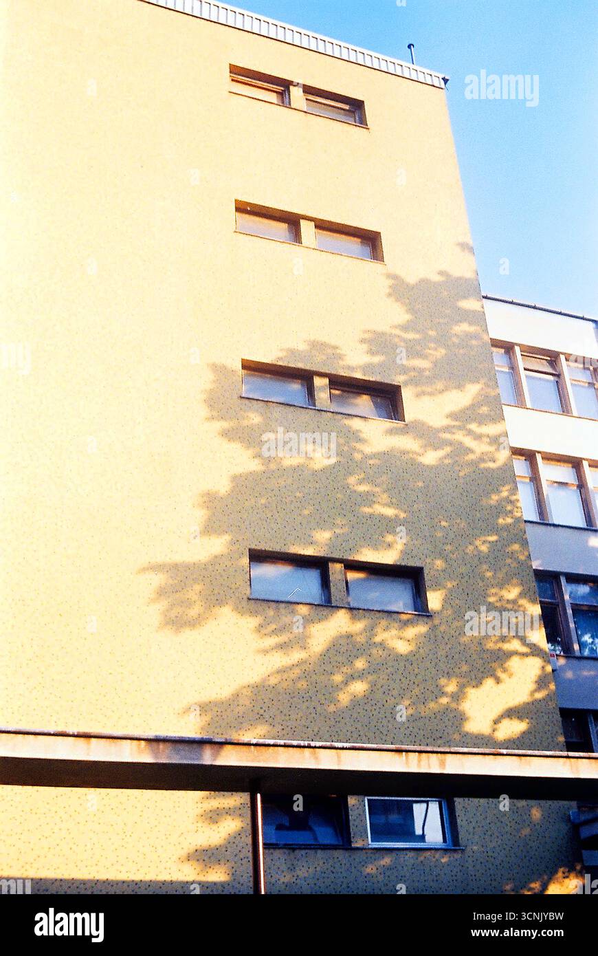 Photographie analogique d'un mur de bâtiment en mosaïque jaune des années 1960, contrastant avec un ciel bleu clair. Une vue d'archives tranquille de milieu du siècle urbain Banque D'Images