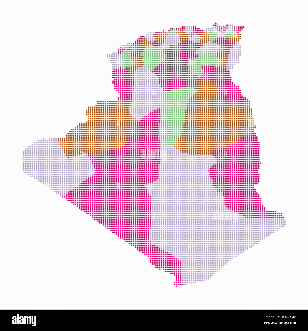 Carte en pointillés de l'Algérie. Carte de style numérique du pays sur fond blanc. Forme algérienne avec des points circulaires. Style de points colorés. Cercles de petite taille. Illustration de Vecteur