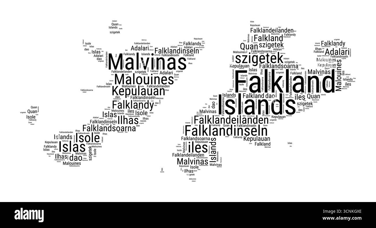 Le mot nuage noir et blanc en forme d'îles Falkland. Illustration de pays de style typographique simple. Illustration de Vecteur
