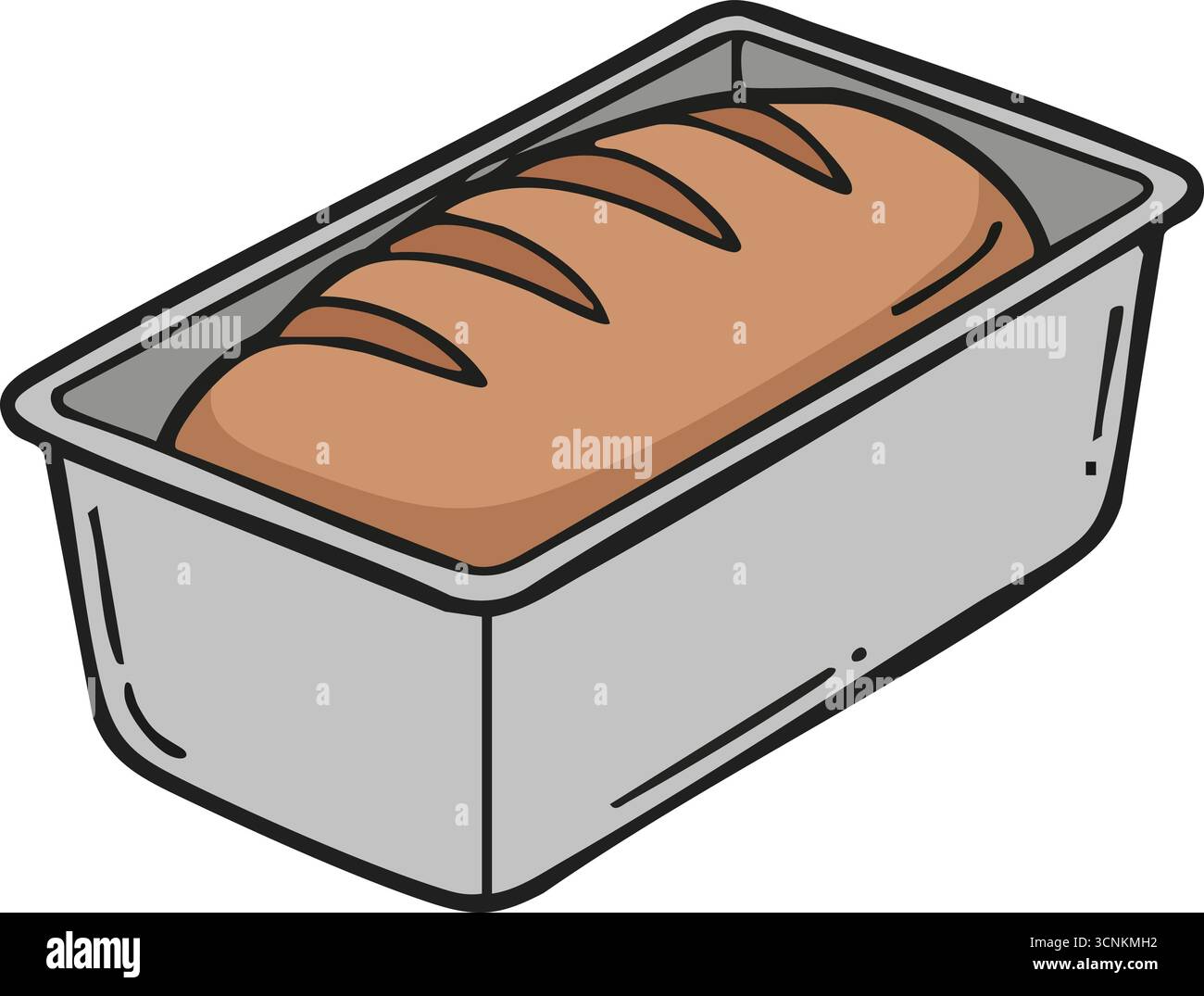 Un pain brun fraîchement cuit reposant dans un moule en métal idéal pour les tranches de sandwich Illustration de Vecteur