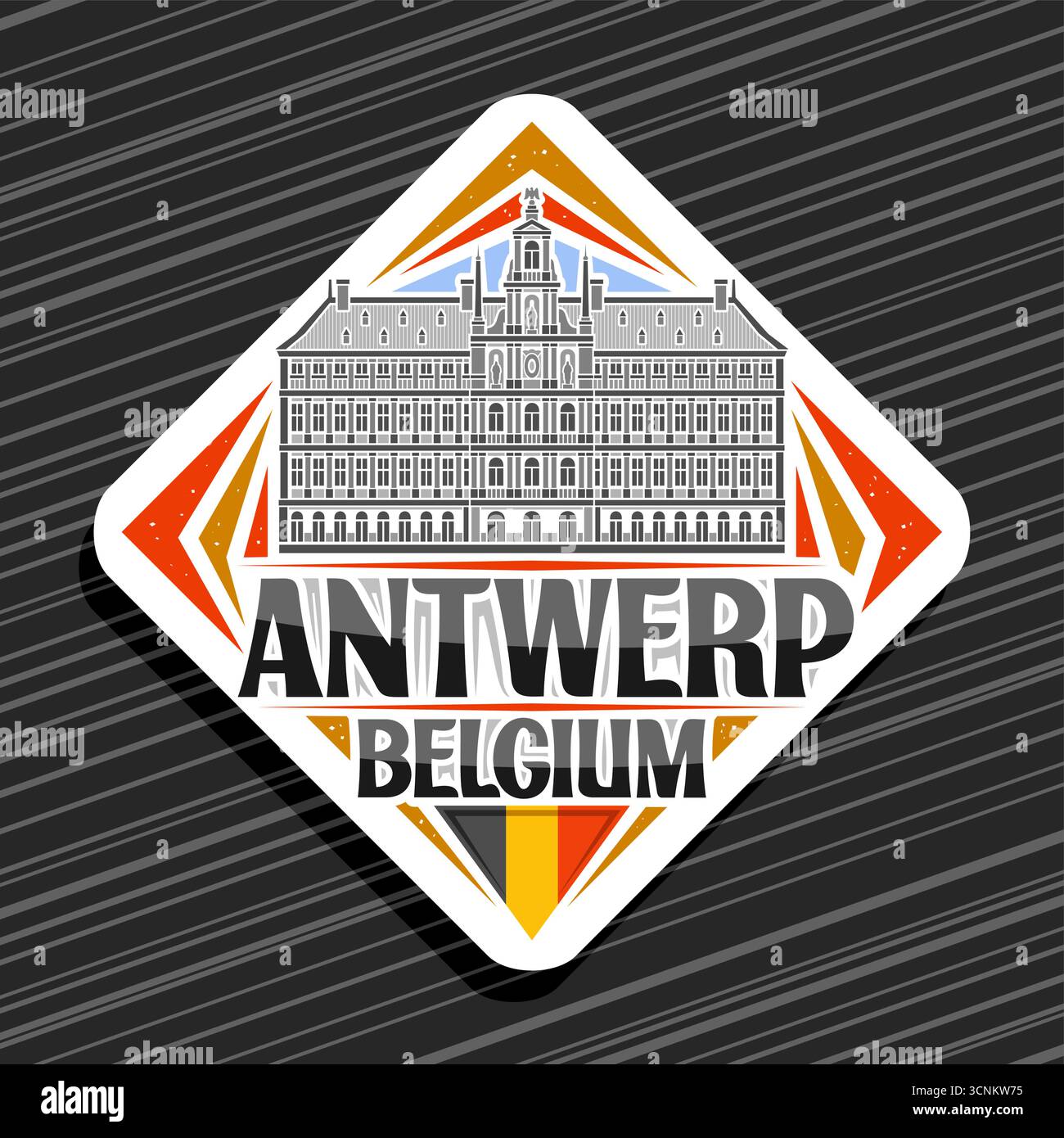 Logo vectoriel pour Anvers, panneau routier décoratif blanc en losange avec illustration de contour de l'hôtel de ville d'anvers, aimant de réfrigérateur de design d'art avec b unique Illustration de Vecteur