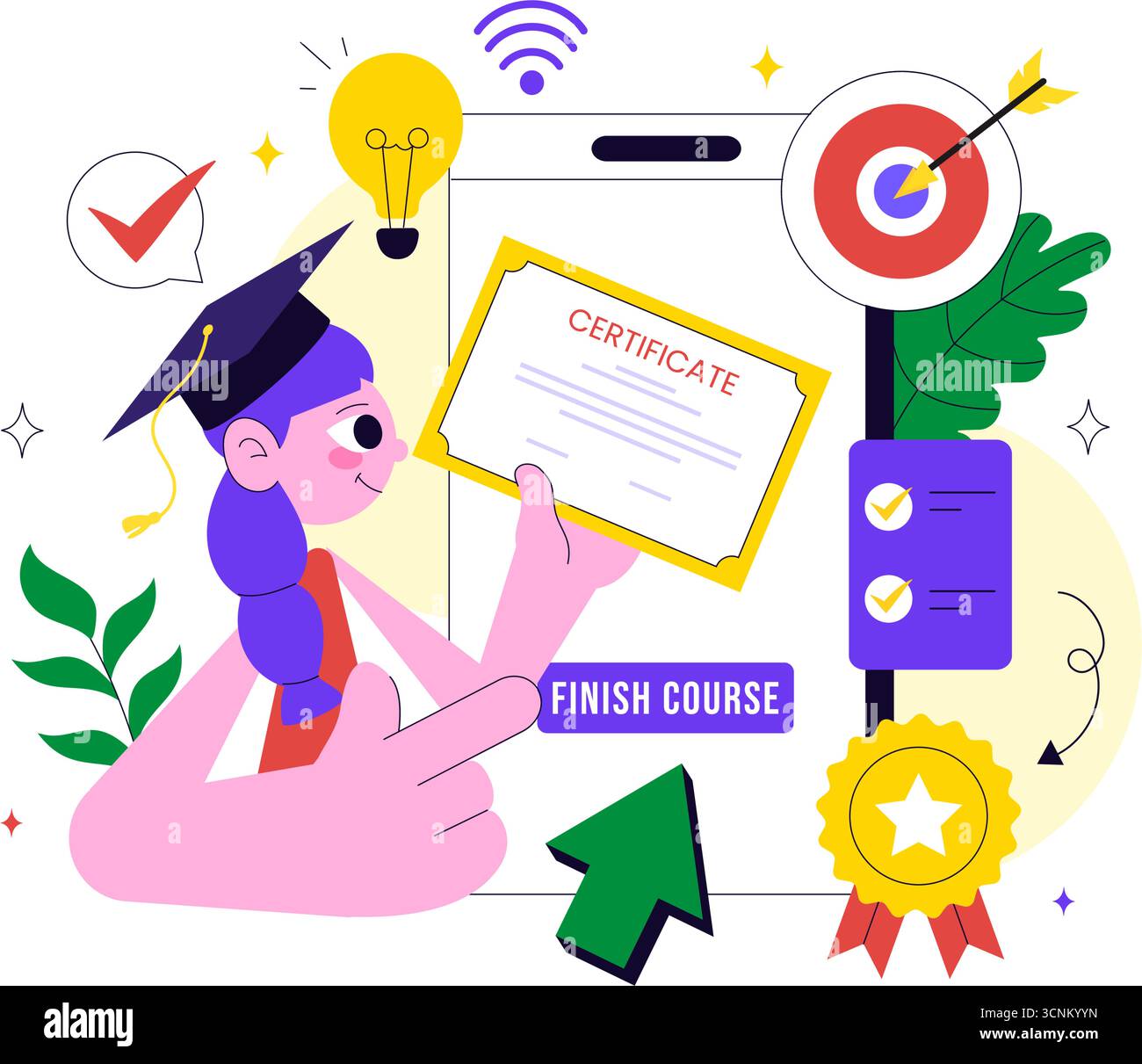 Illustration du programme de certificat de cours en ligne avec système de gestion de l'apprentissage avec application mobile, coach en ligne et développement des compétences Illustration de Vecteur