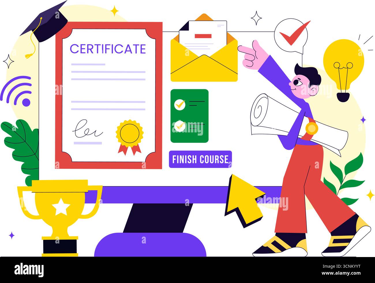 Illustration du programme de certificat de cours en ligne avec système de gestion de l'apprentissage avec application mobile, coach en ligne et développement des compétences Illustration de Vecteur