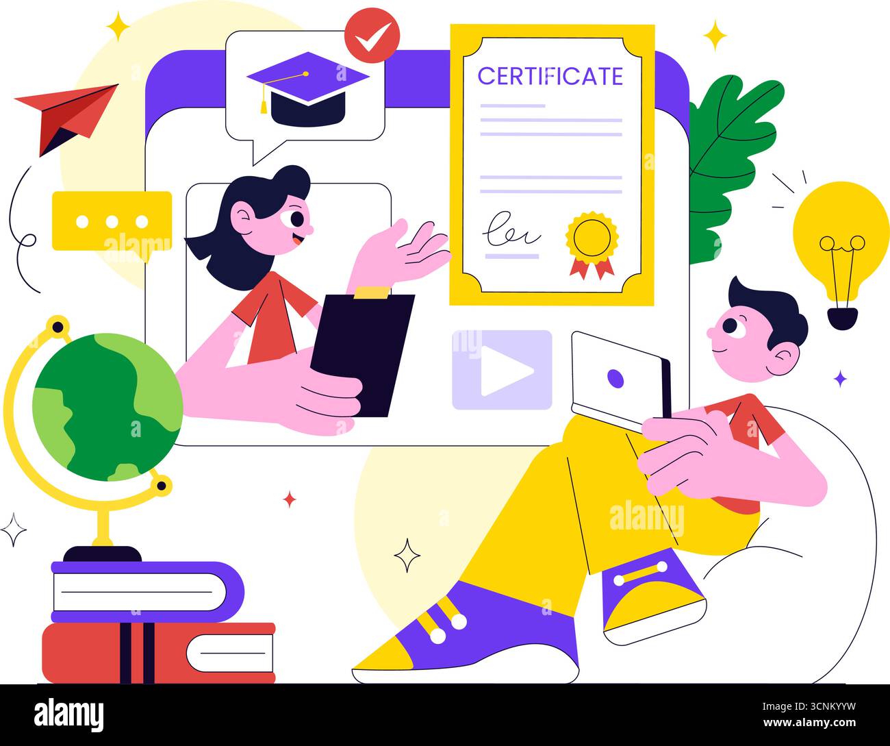 Illustration du programme de certificat de cours en ligne avec système de gestion de l'apprentissage avec application mobile, coach en ligne et développement des compétences Illustration de Vecteur