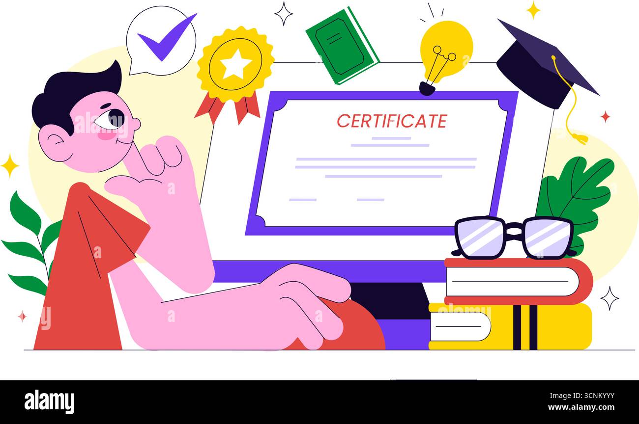 Illustration du programme de certificat de cours en ligne avec système de gestion de l'apprentissage avec application mobile, coach en ligne et développement des compétences Illustration de Vecteur