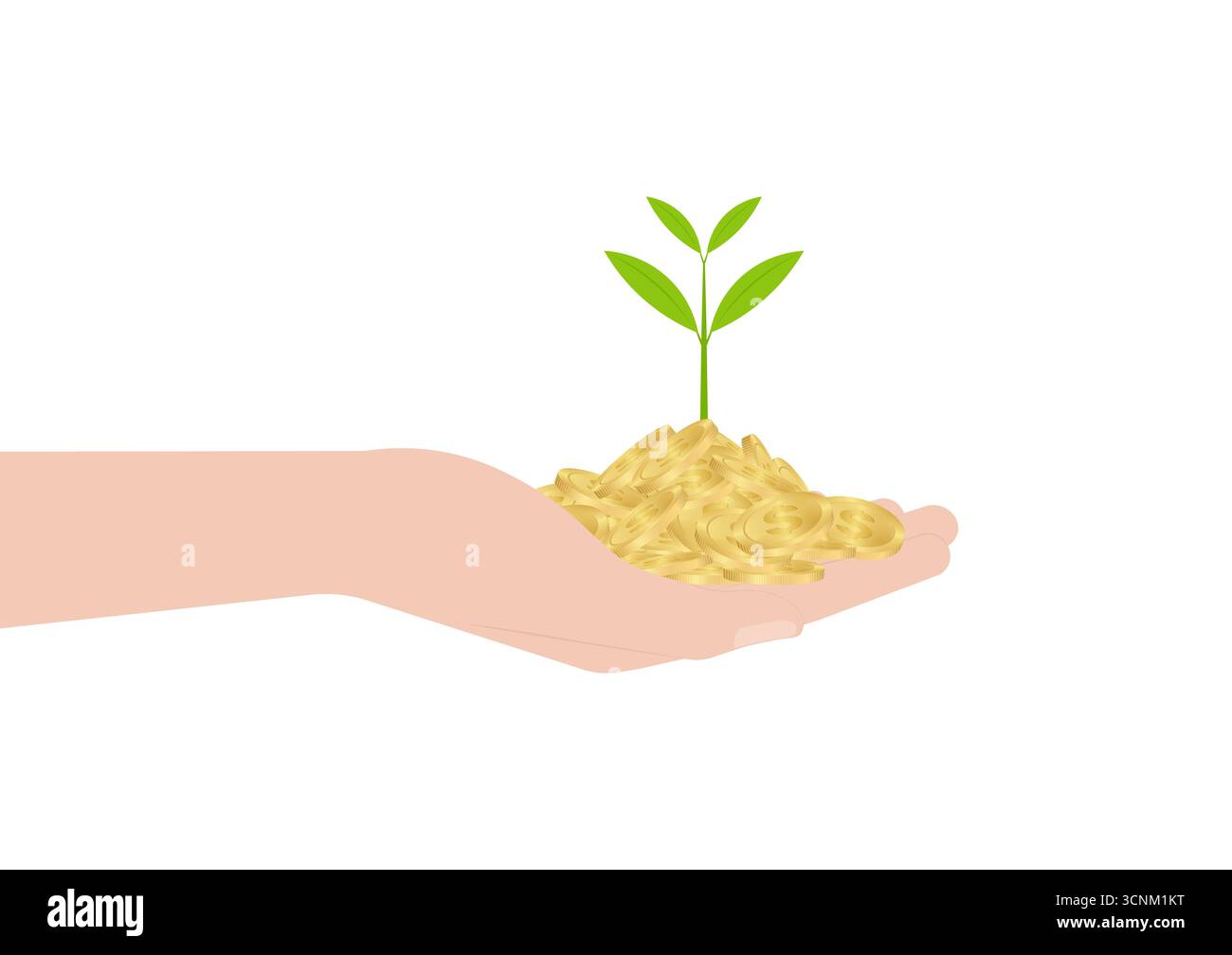 Main tenant des pièces de monnaie et usine de monnaie. Illustration vectorielle sur fond blanc. Croissance de l'argent, de l'épargne et du concept d'investissement. Illustration de Vecteur