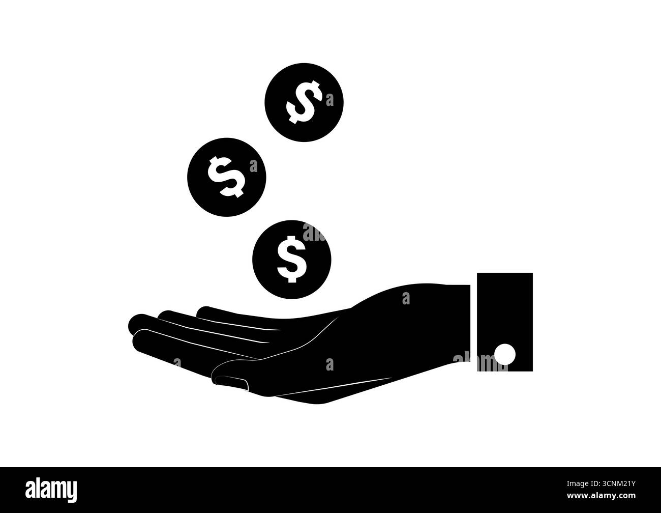 Main tenant coin Icon Silhouette noir et blanc. Illustration vectorielle. Croissance de l'argent, de l'épargne et du concept d'investissement. Illustration de Vecteur