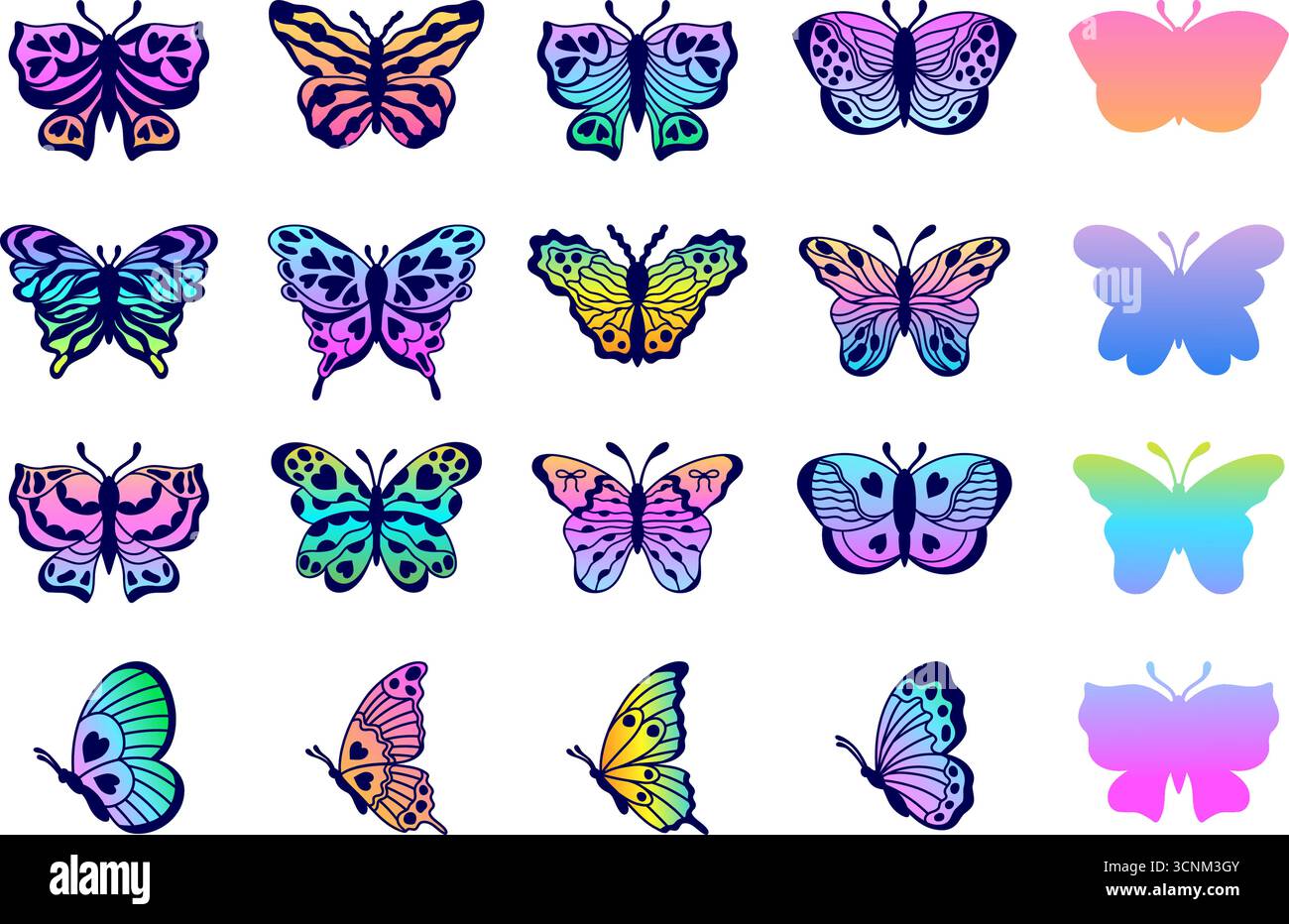 Collection de papillons de couleur dégradé dans le style doodle Illustration de Vecteur