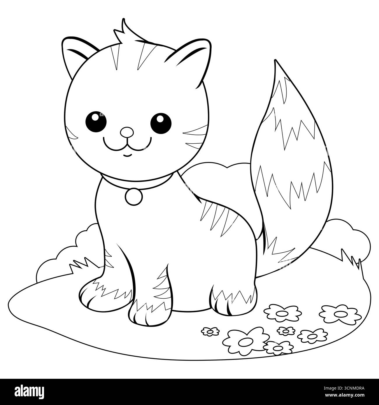 Un chat tabby mignon heureux dans le jardin assis sur l'herbe. Chaton assis sur l'herbe à l'extérieur. Coloriage noir et blanc. Banque D'Images