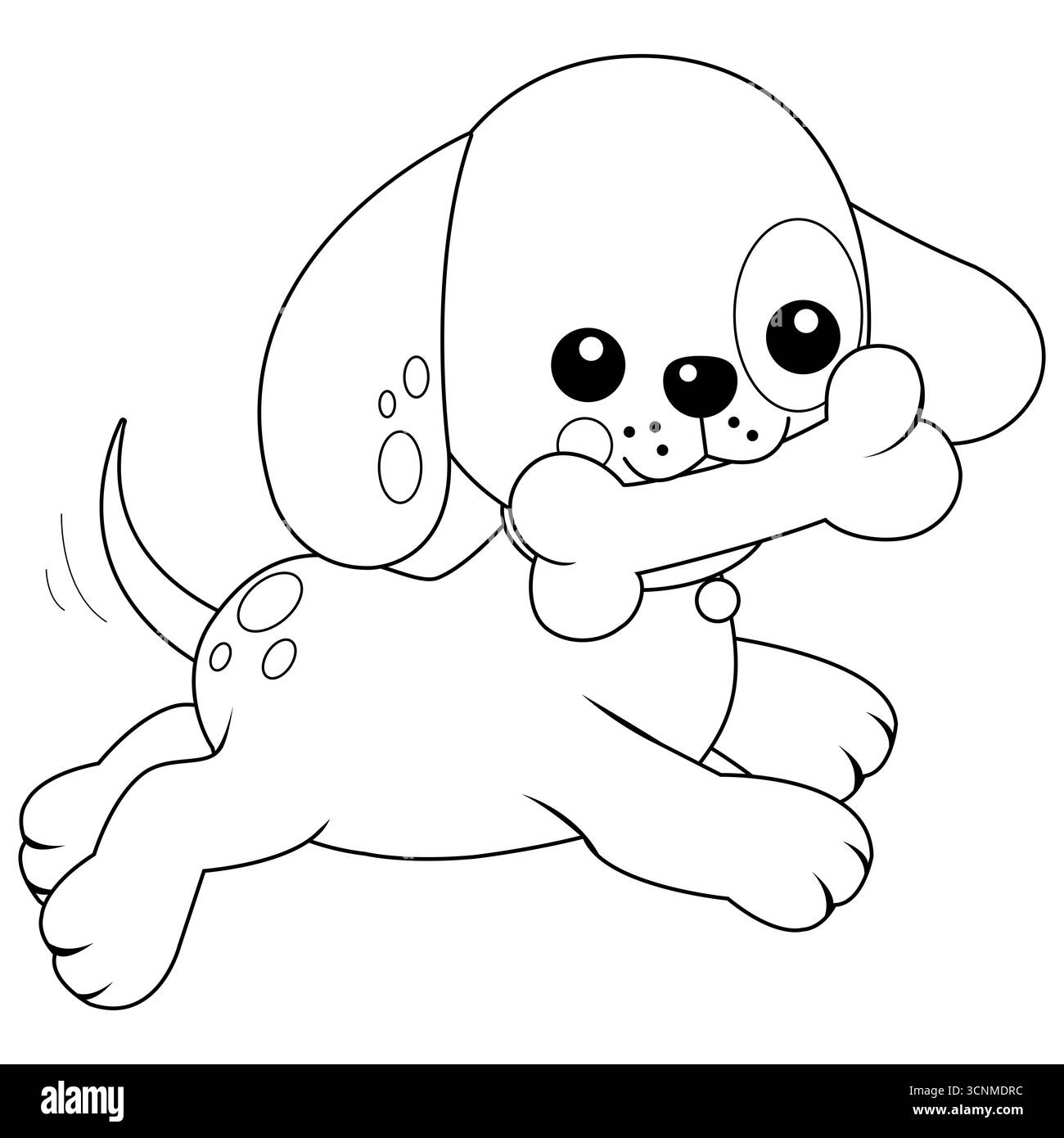 Chien courant avec un os dans la bouche. Mignon chiot animal mâcher sur un os jouet, jouer et courir. Coloriage noir et blanc. Banque D'Images Chien courant avec un os dans la bouche. Mignon chiot animal mâcher sur un os jouet, jouer et courir. Coloriage noir et blanc. Banque D'Images